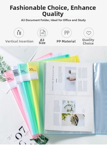Close-up of translucent A3 plastic file folders in various pastel colors and 30 pockets