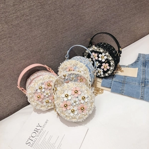 Kids Girls Round Crossbody Bag Artificial Pearl Flower Tweed PU Leather Cute Princess Handbag Metal Chain Strap