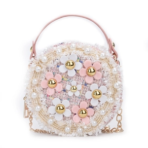 Pink round tweed crossbody bag for girls with pearl flowers and gold chain strap