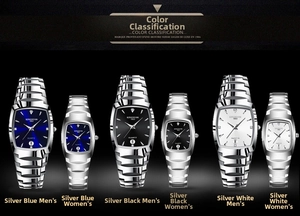 Detail view of steel tonneau-shaped quartz watches for couples in blue black and white