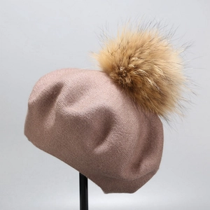 Women Knitted Beret Hat With Large Fur Pom Pom Winter Warm Wool Blend Painter Cap Solid Color Elegant