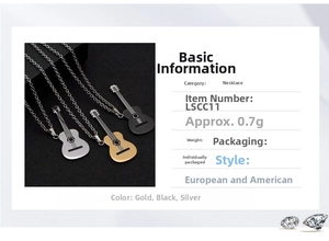 Detailed view of guitar pendant necklaces in gold, silver, and black finish options