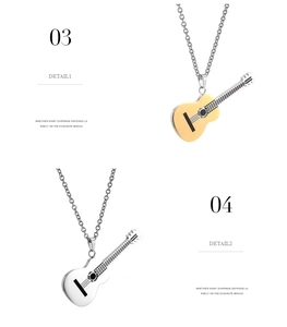 Detail shot of 18K gold and silver guitar pendant necklaces showing strings and sound holes