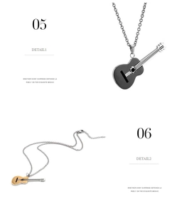 Detailed close-up of guitar pendant necklace showing intricate strings and fretboard textures