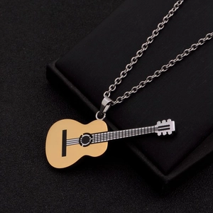 Hip hop titanium steel guitar necklace with 18K gold plated musical instrument pendant