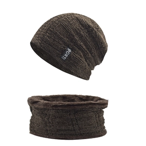 Detail of dark brown chenille knitted hat and neck warmer set with sports tag