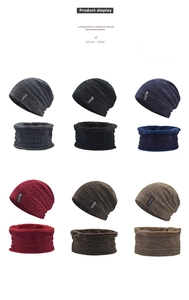 Detail showing knit texture and Sports label on six colors of winter hat and neck warmer sets