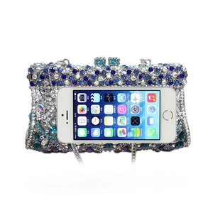 Detailed view of rhinestone evening bag size comparison with mobile phone for scale