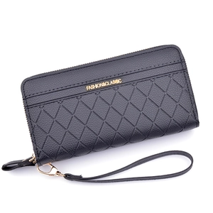 Classic black checkered long wallet with dual zippers and wrist strap for women