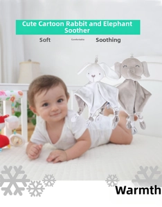 Detail of plush baby security blankets with cute rabbit and elephant soft toy characters
