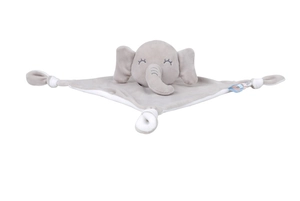 Detailed view of soft gray elephant baby security blanket with plush knots and textures
