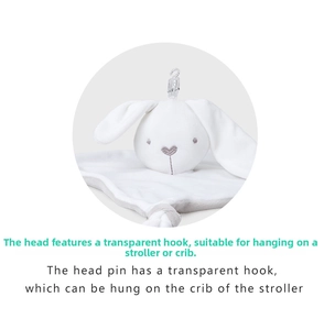 Close-up of baby white rabbit security blanket with convenient hanging hook detail