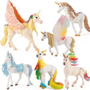 Set of 6 mythical unicorn and pegasus figurines with glitter wings and colorful manes