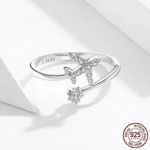 S925 sterling silver airplane and star open ring with sparkling zircon stones