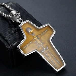 Gothic Cross Pendant Necklace 316 Stainless Steel Skeleton Mummy Amber Resin Punk Vintage Jewelry For Men