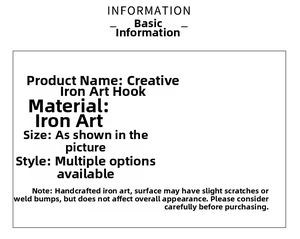 Specifications of creative iron wall hooks with manual polishing details and material info