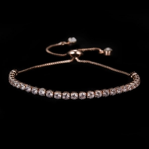 Close-up of rose gold tennis bracelet with 3mm zircons and adjustable sliding clasp