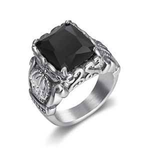 Vintage stainless steel crown ring for men featuring a square faceted black gemstone inlay