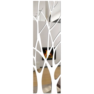 Detail of silver 3D acrylic mirror wall stickers in a modern living room tree design