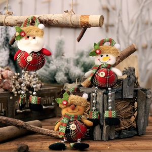 Christmas plush dolls featuring Santa, snowman, and reindeer with plaid fabric and bead legs
