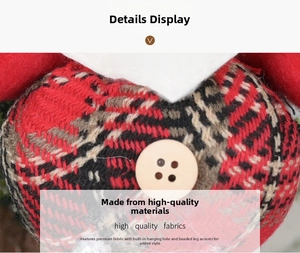 Detail of Christmas plush ornament with red plaid fabric, felt, and wooden button