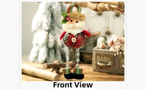 Detailed front view of Santa plush ornament with red plaid fabric and metal bead legs