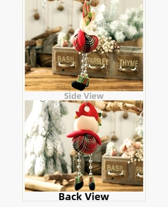 Detail view of a Christmas elf hanging ornament with plaid fabric and silver bead chain legs