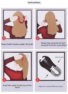 Step-by-step guide showing how to use the black plastic banana hair clip for ponytails
