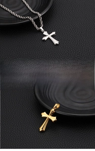 Polished stainless steel cross pendant necklaces in gold and silver with twisted chain