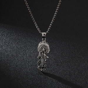Vintage Virgin Mary pendant necklace in silver stainless steel with flame pattern and crystals