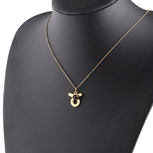 Macro detail of gold Taurus zodiac necklace with a dark gemstone on a black bust