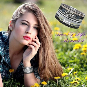 Multilayer leather wrap bracelet with Tree of Life charm and magnetic clasp