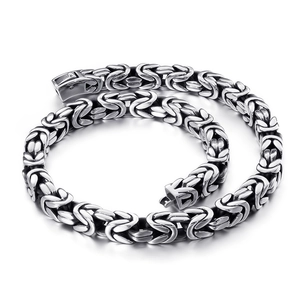 Men's titanium steel Byzantine woven chain necklace with polished silver metallic finish