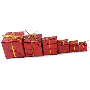 Set of 6 red Christmas gift box ornaments with gold ribbons for holiday tree decoration