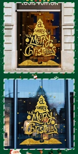 Golden glitter Christmas tree wall sticker with merry Christmas lettering on glass window