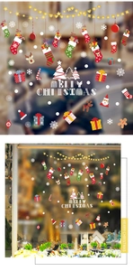 Detailed view of colorful Merry Christmas window stickers with Santa and snowflake motifs
