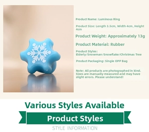 Close-up of blue LED Christmas ring with snowflake design and product dimensions