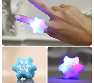 Macro detail of LED snowflake rings showing glowing effects for Christmas party favors