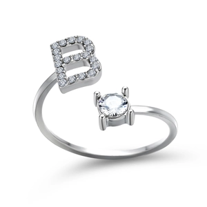 Detail of silver letter B ring with sparkling cubic zirconia and adjustable open band