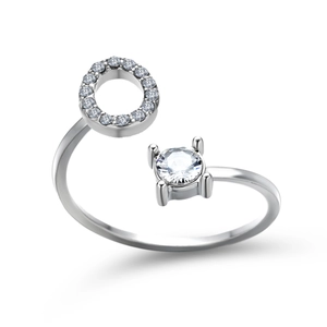 Detail of adjustable silver ring with pave crystals and a 4-prong set solitaire stone