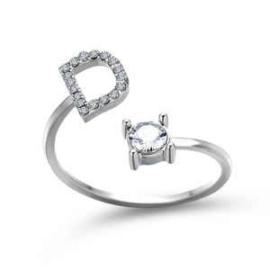 Detail view of silver adjustable ring featuring a letter D charm with round cubic zirconia