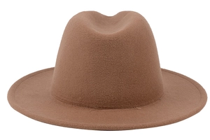 Close-up of brown wool felt fedora showing thick texture and wide brim detail