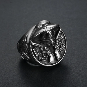 Retro stainless steel skull ring with dual guns and poker relief design in gothic style
