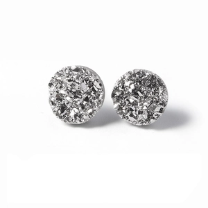 Minimalist S925 silver round stud earrings featuring sparkling druzy crystal clusters