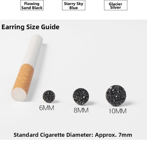 Size guide for round crystal stud earrings in 6mm, 8mm, and 10mm options with sand black finish