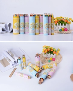 Artistic layout of 12, 24, and 36-color cartoon pencil sets in cylindrical tubes