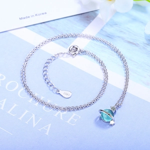 S925 silver necklace featuring a light blue planet pendant with Saturn rings