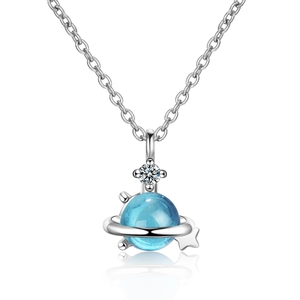 Blue Planet Pendant Necklace Copper Rhinestone Inlaid Saturn Star Charm Clavicle Chain For Women Fashion Jewelry Gift