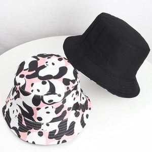 Reversible Bucket Hat Women Cotton Polyester Panda Cartoon Print Sun Protection Outdoor Travel Kawaii Japanese Style Casual
