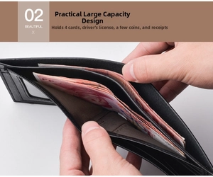Inside view of men's tri-fold leather wallet showing large capacity for cash and cards